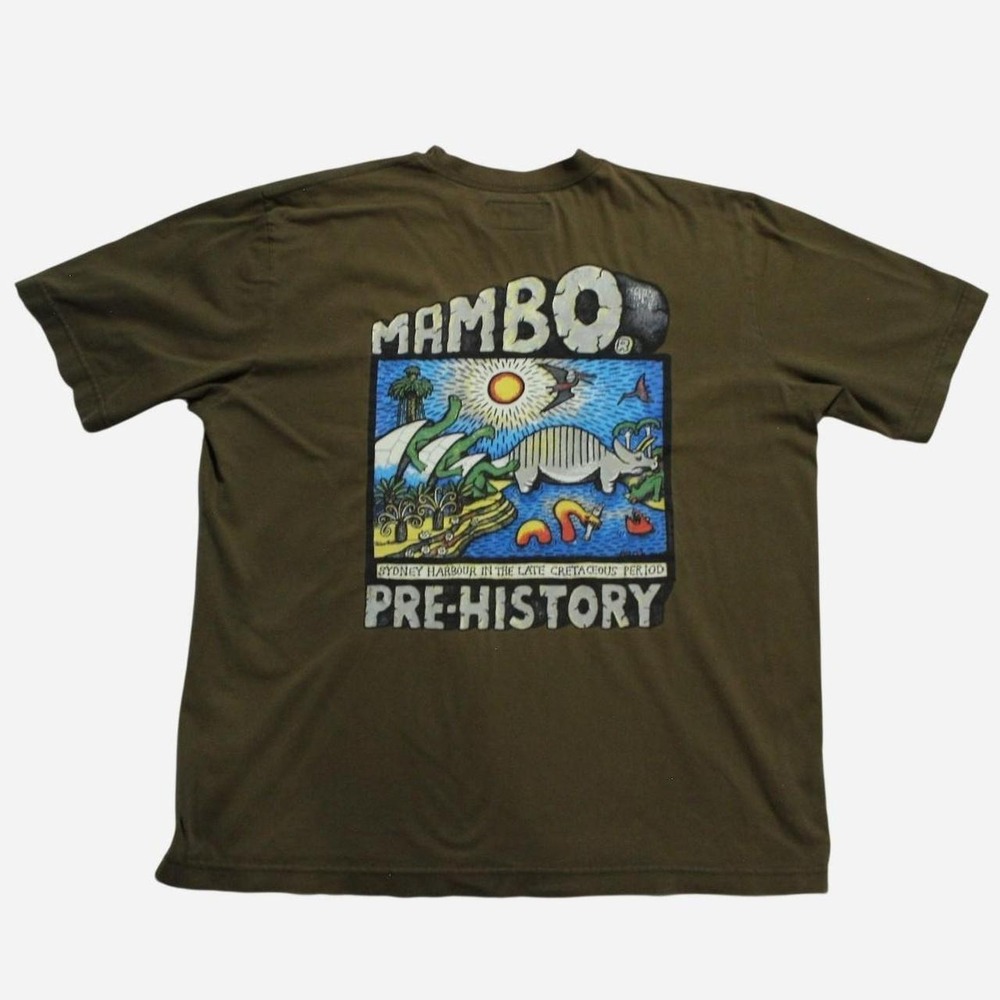 Mens Vintage 90s/00s Mambo Nature Skater Streetwear Dinosaur Khaki Green T-shirt